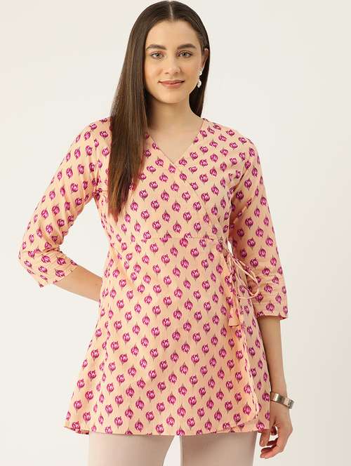 women printed three quarter sleeve angrakha kurti - 21978654 -  Standard Image - 0