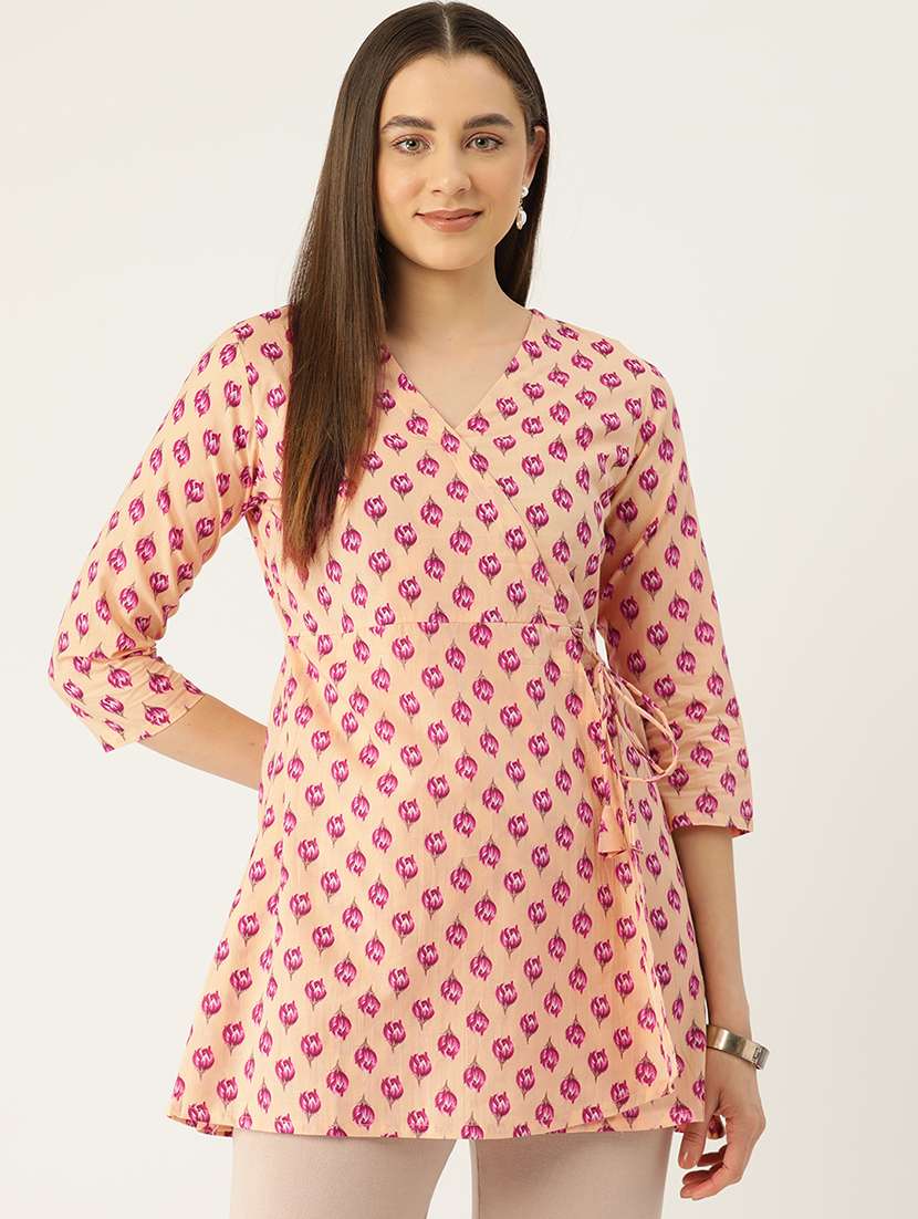 women printed three quarter sleeve angrakha kurti - 21978654 -  Zoom Image - 0