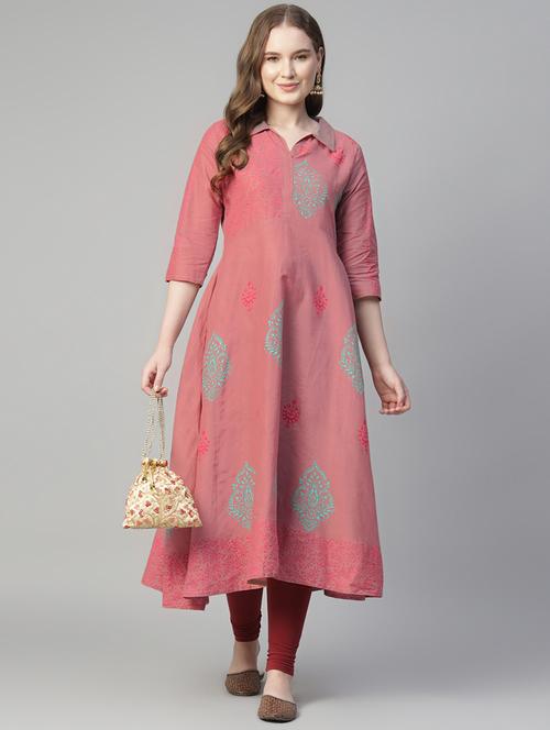 women block printed three quarter sleeve flared kurta - 21979005 - Standard Image - 0