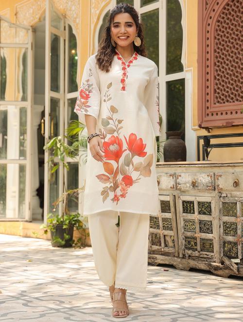 women floral three quarter sleeve kurta pant set - 21979259 - Standard Image - 0