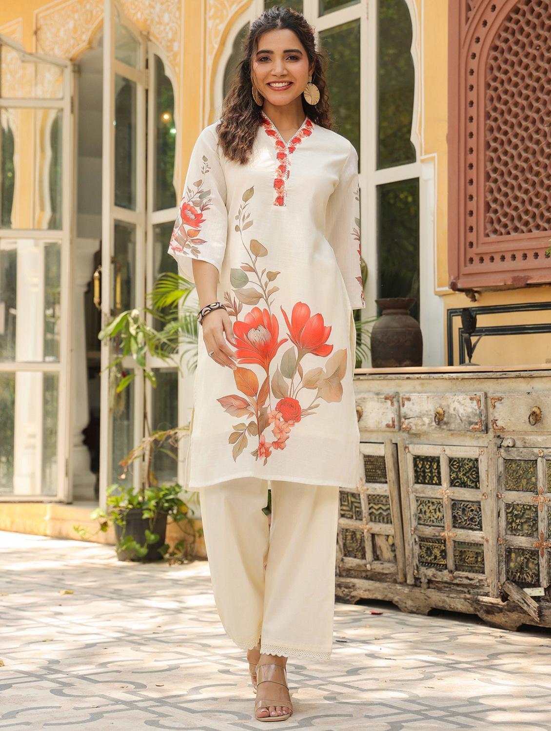 women floral three quarter sleeve kurta pant set
