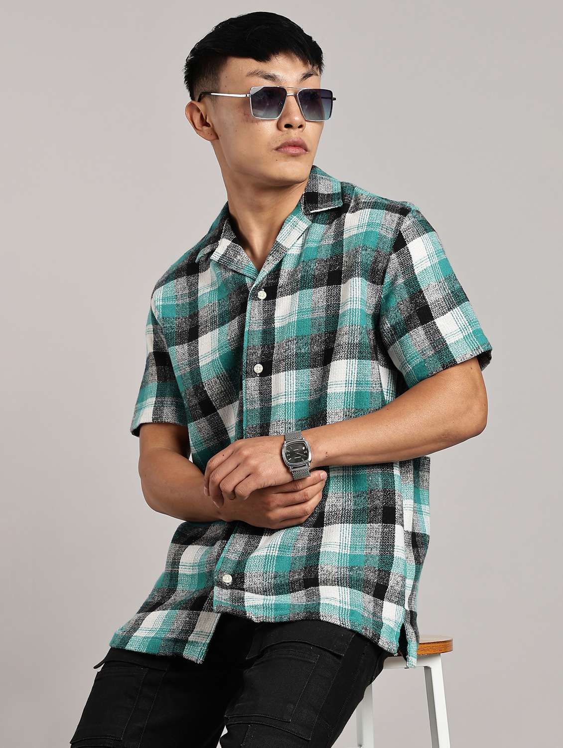 men checkered short sleeve loose fit casual shirt - 21979309 - Zoom Image - 0