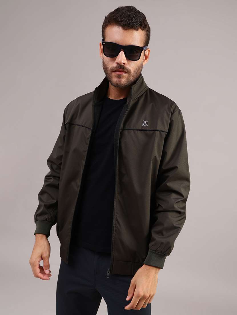 men solid stand collar long sleeve casual jacket