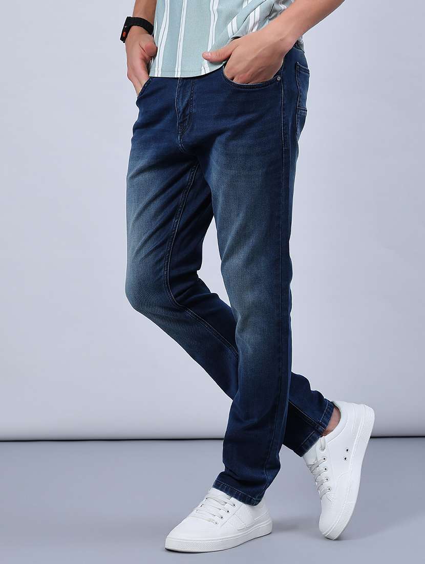 men washed mid rise full length jeans