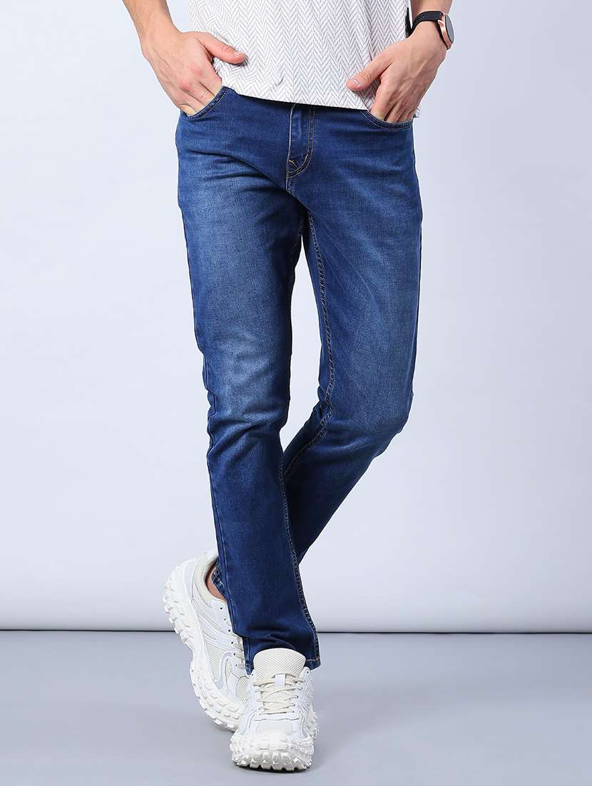 men washed mid rise full length jeans