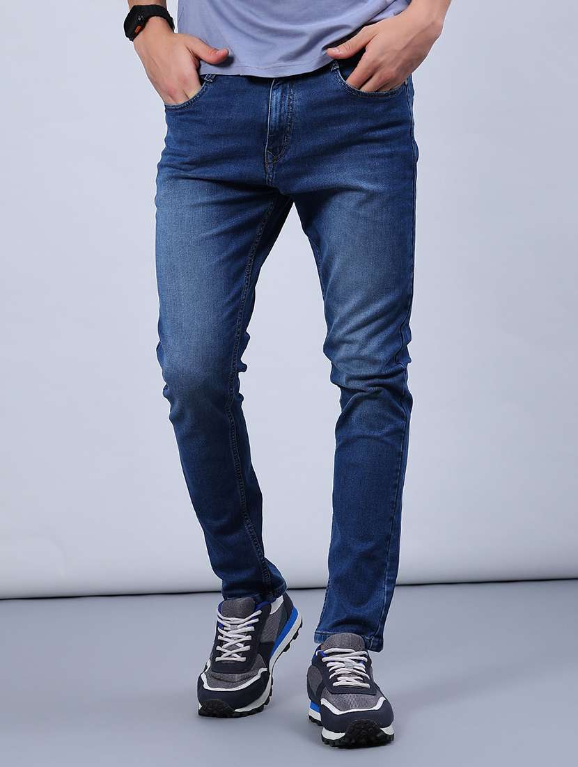 men washed mid rise full length jeans