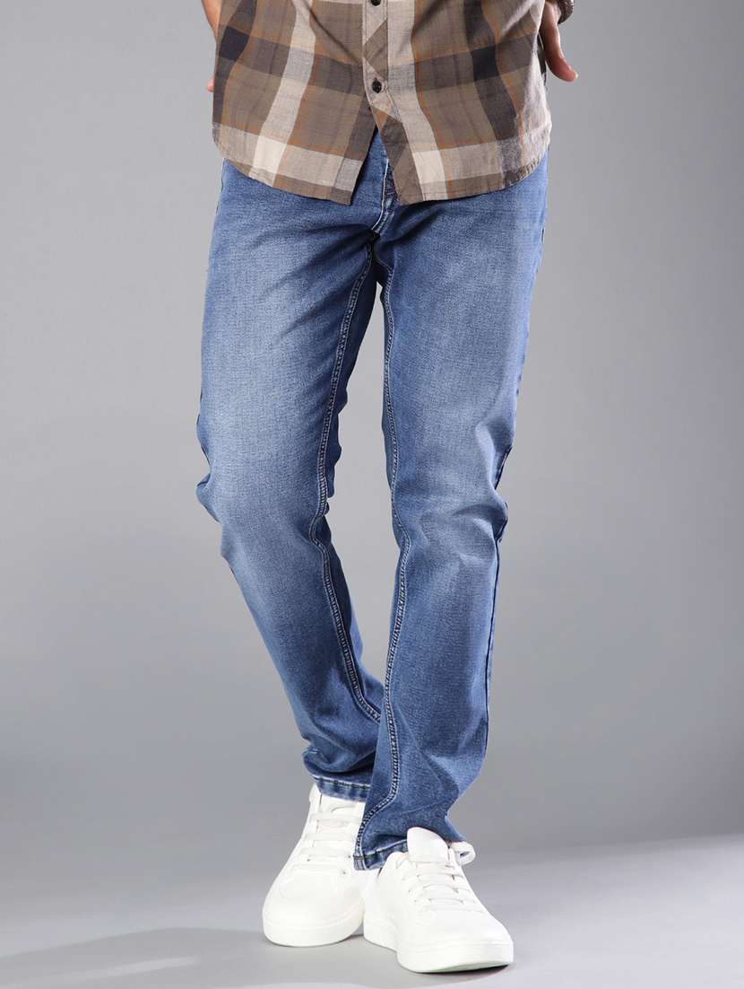 men washed mid rise full length tapered jeans