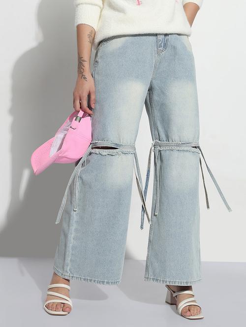 women solid slash knee high rise wide leg jeans - 21979736 - Standard Image - 0
