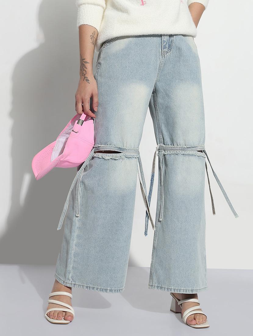 women solid slash knee high rise wide leg jeans - 21979736 - Zoom Image - 0