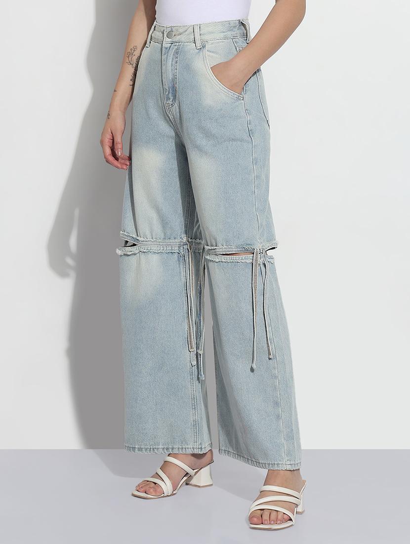 women solid slash knee high rise wide leg jeans - 21979736 - Standard Image - 2