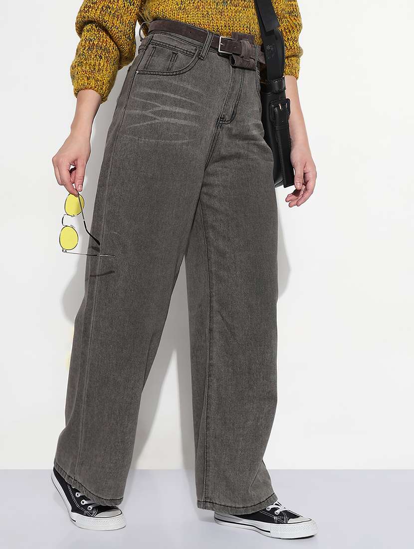 women solid high rise wide leg jeans - 21979737 - Zoom Image - 0