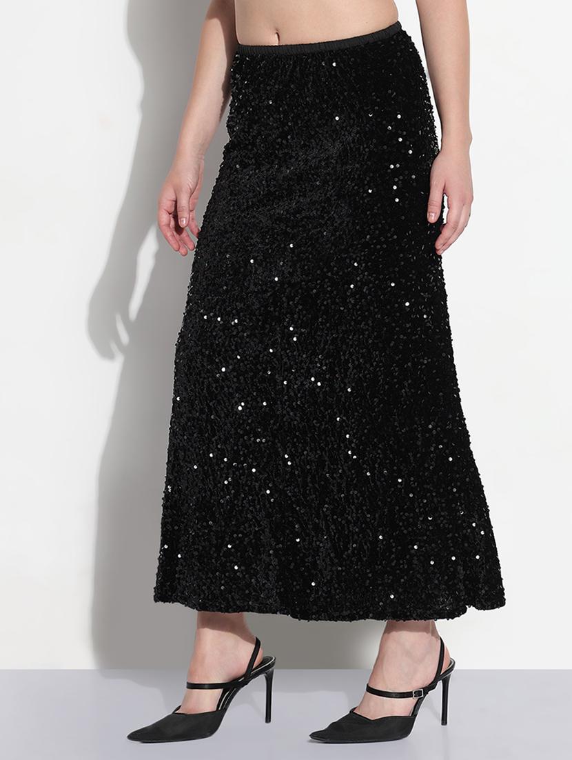 women black sequined high rise a-line skirt - 21979742 - Standard Image - 2
