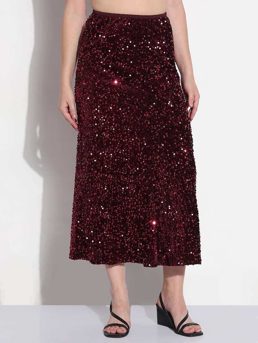 women maroon sequined high rise a-line skirt