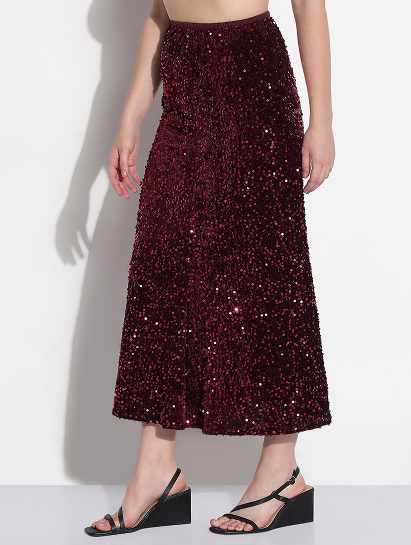 women maroon sequined high rise a-line skirt - 21979743 - Standard Image - 2