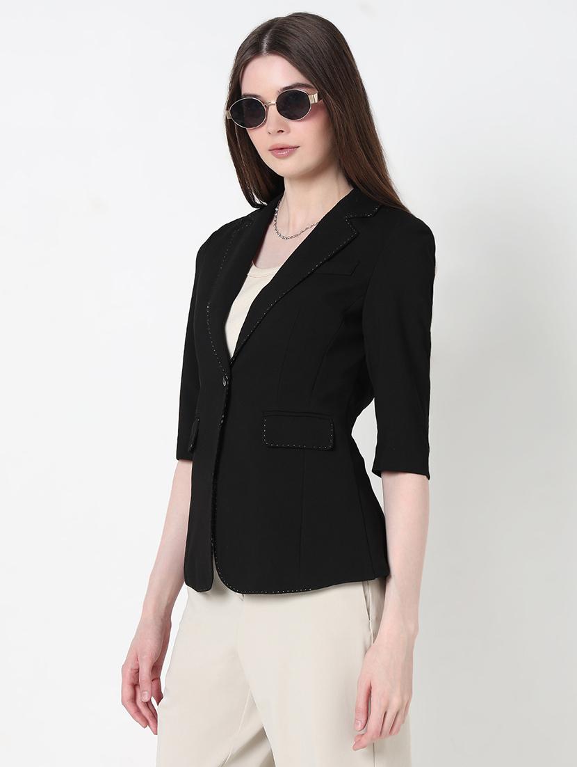 women solid three quarter sleeve single breasted blazer - 21979769 - Standard Image - 2