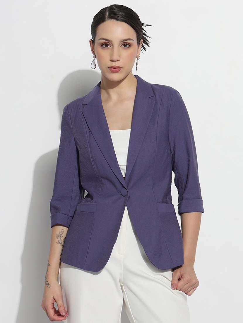women solid three quarter sleeve single breasted blazer