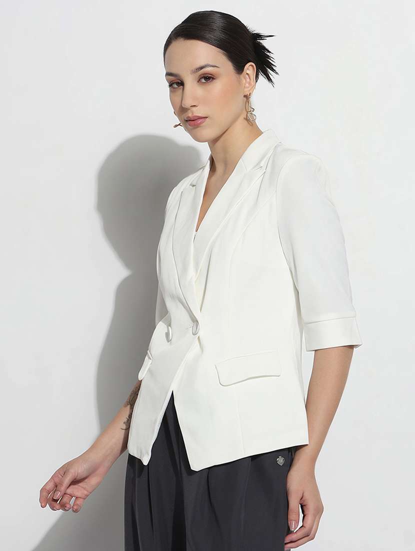women solid three quarter sleeve double breasted blazer - 21979771 - Standard Image - 2