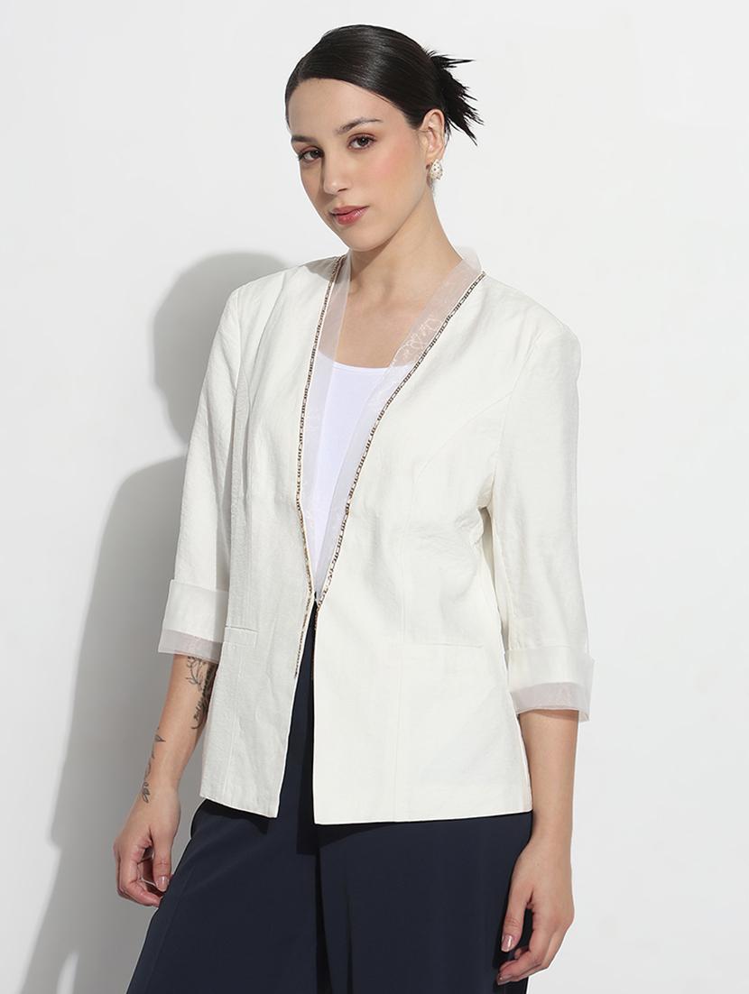 women solid three quarter sleeve single breasted blazer - 21979773 - Standard Image - 2