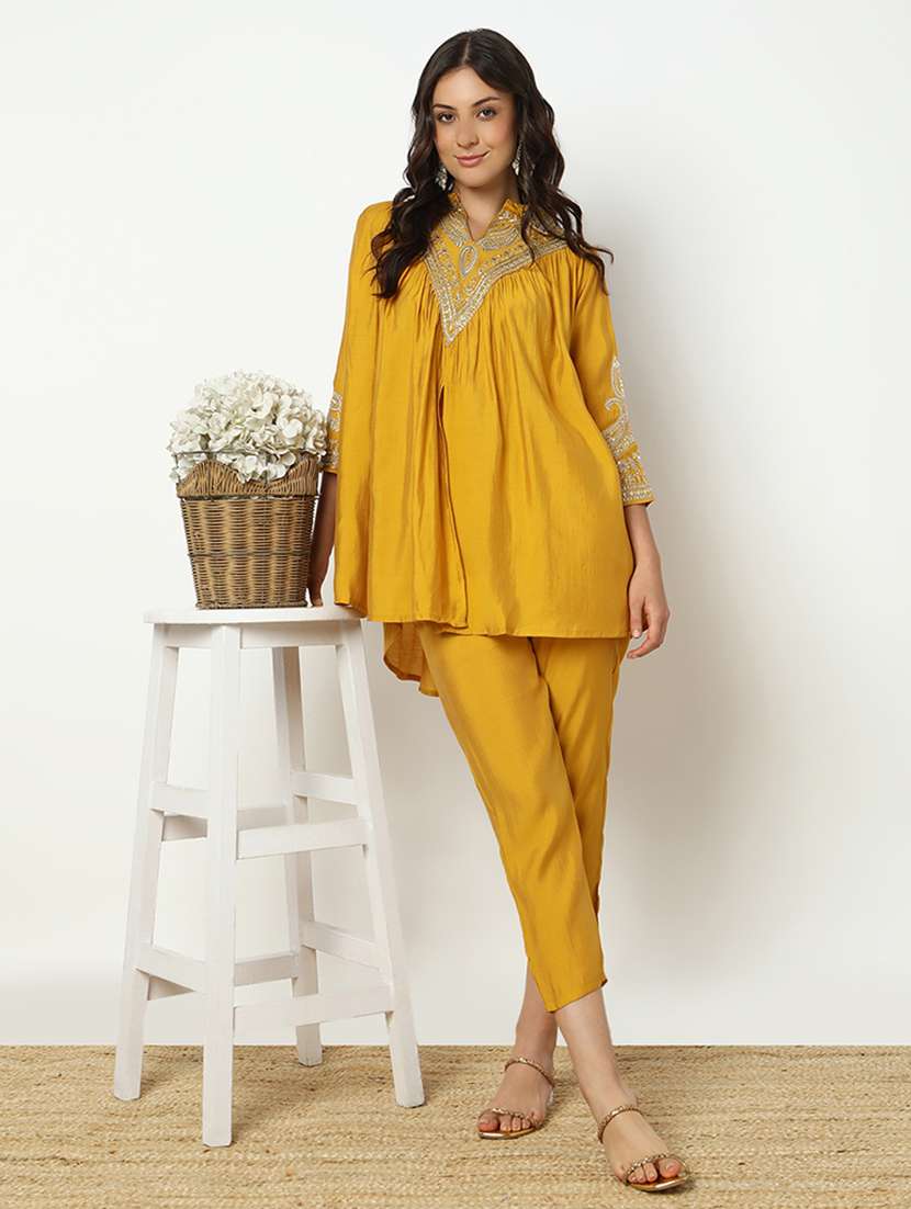 women solid with work three quarter sleeve ethnic co-ord set