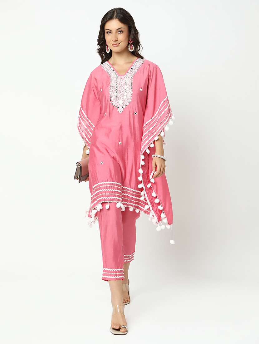 women solid with work kimono sleeve kaftan kurta pant set