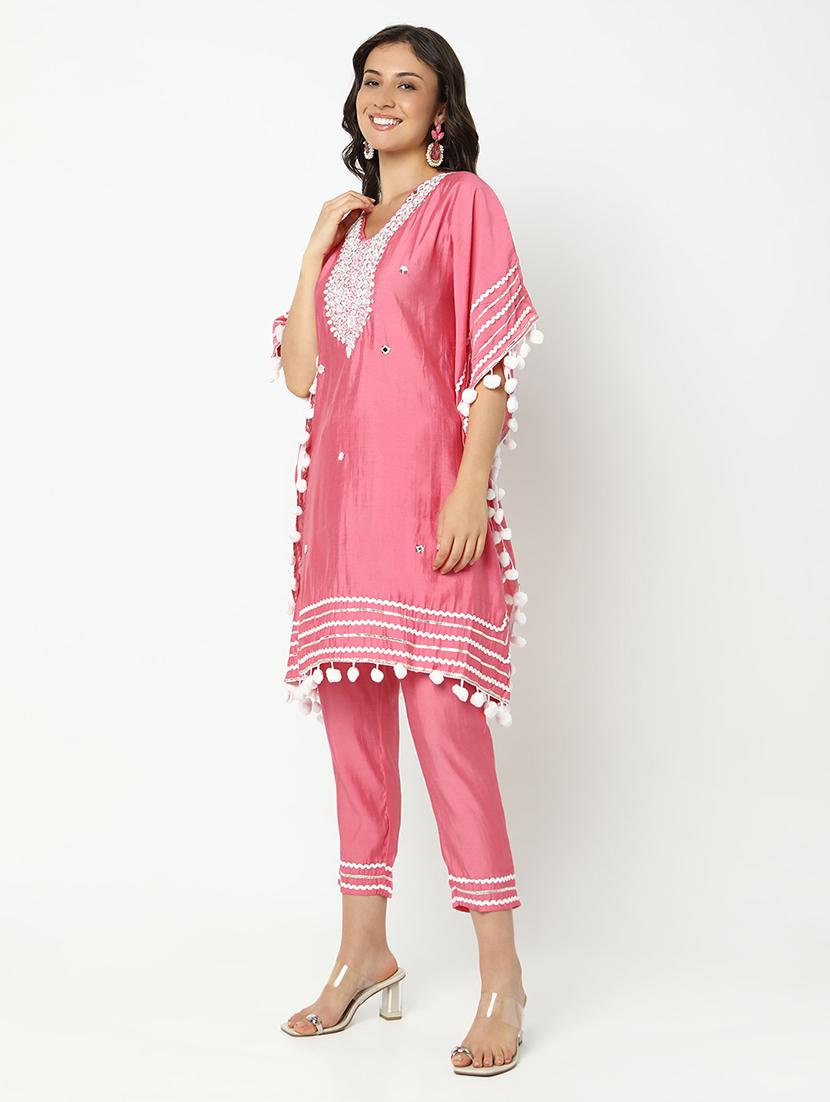 women solid with work kimono sleeve kaftan kurta pant set - 21979787 - Standard Image - 2