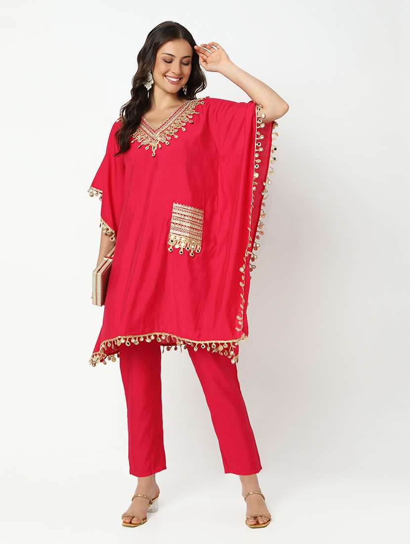 women solid with work kimono sleeve kaftan kurta pant set