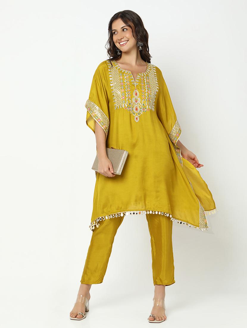 women solid with work kimono sleeve kaftan kurta pant set - 21979790 -  Zoom Image - 0