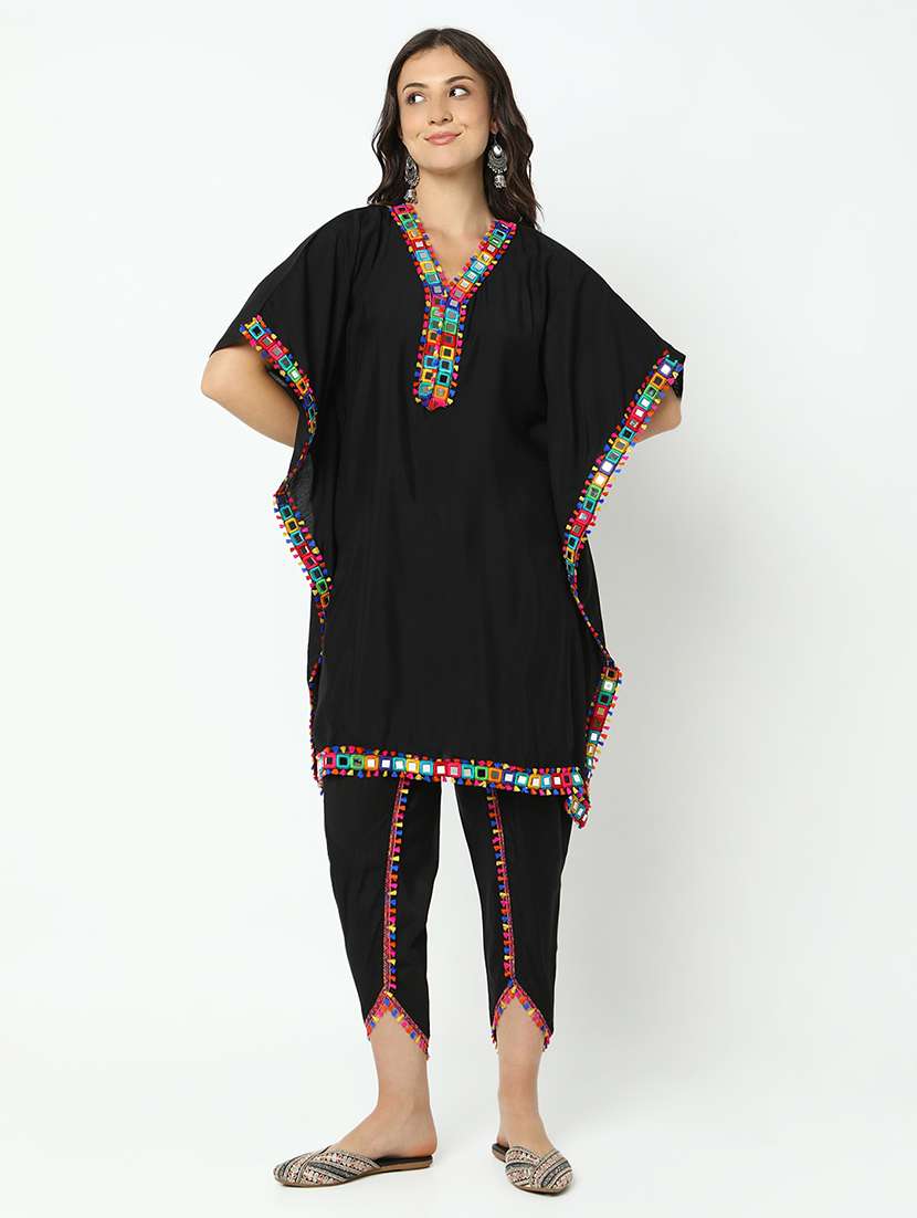 women solid with work kimono sleeve dhoti kaftan kurta set