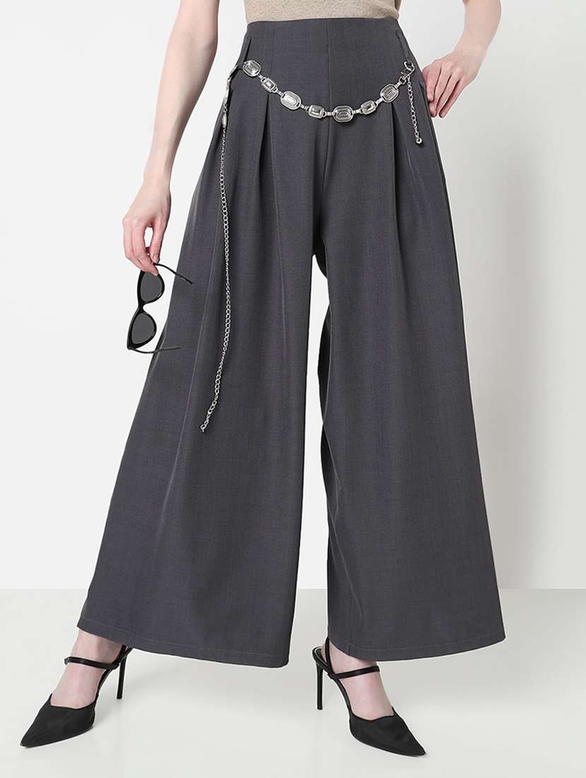 women solid high rise pleated korean pants 