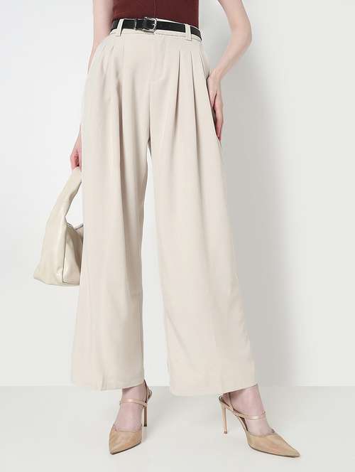 women solid high rise pleated korean pants  - 21979803 -  Standard Image - 0