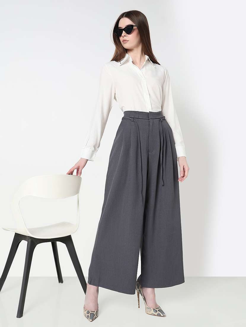 women solid high rise pleated korean pants 