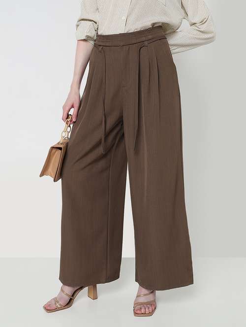 women solid high rise pleated korean pants  - 21979807 -  Standard Image - 0