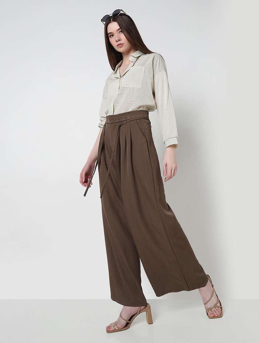 women solid high rise pleated korean pants  - 21979807 -  Standard Image - 2
