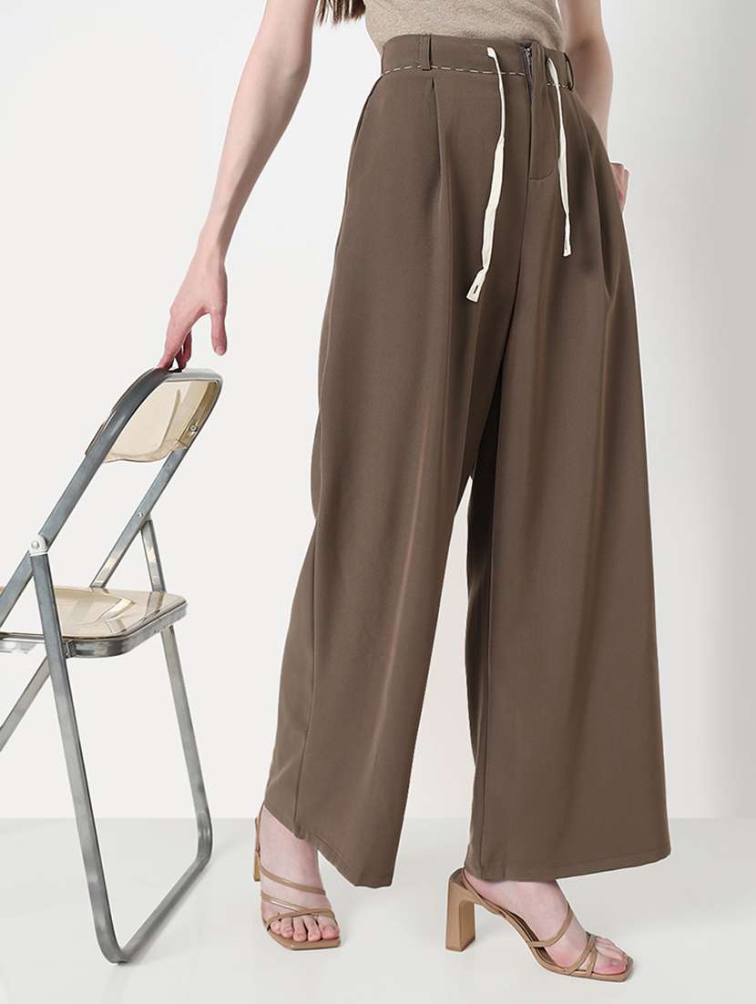 women solid high rise pleated wide leg trouser