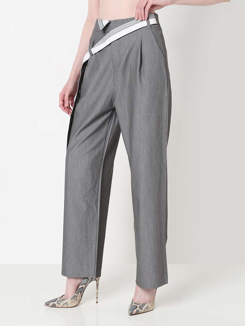 women solid high rise pleated straight trouser - 21979813 -  Standard Image - 2