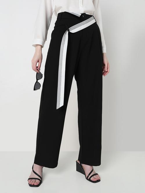 women solid high rise pleated straight trouser - 21979814 - Standard Image - 0