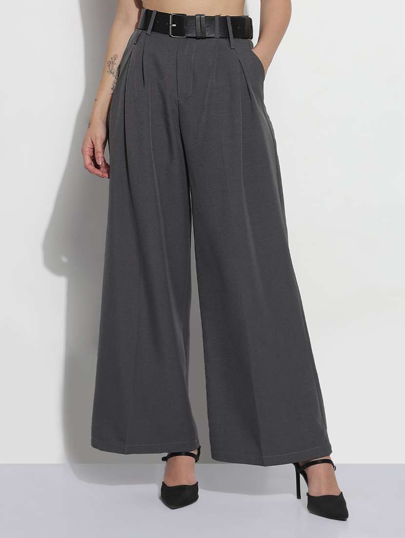 women solid high rise pleated korean pants  - 21979816 -  Standard Image - 2