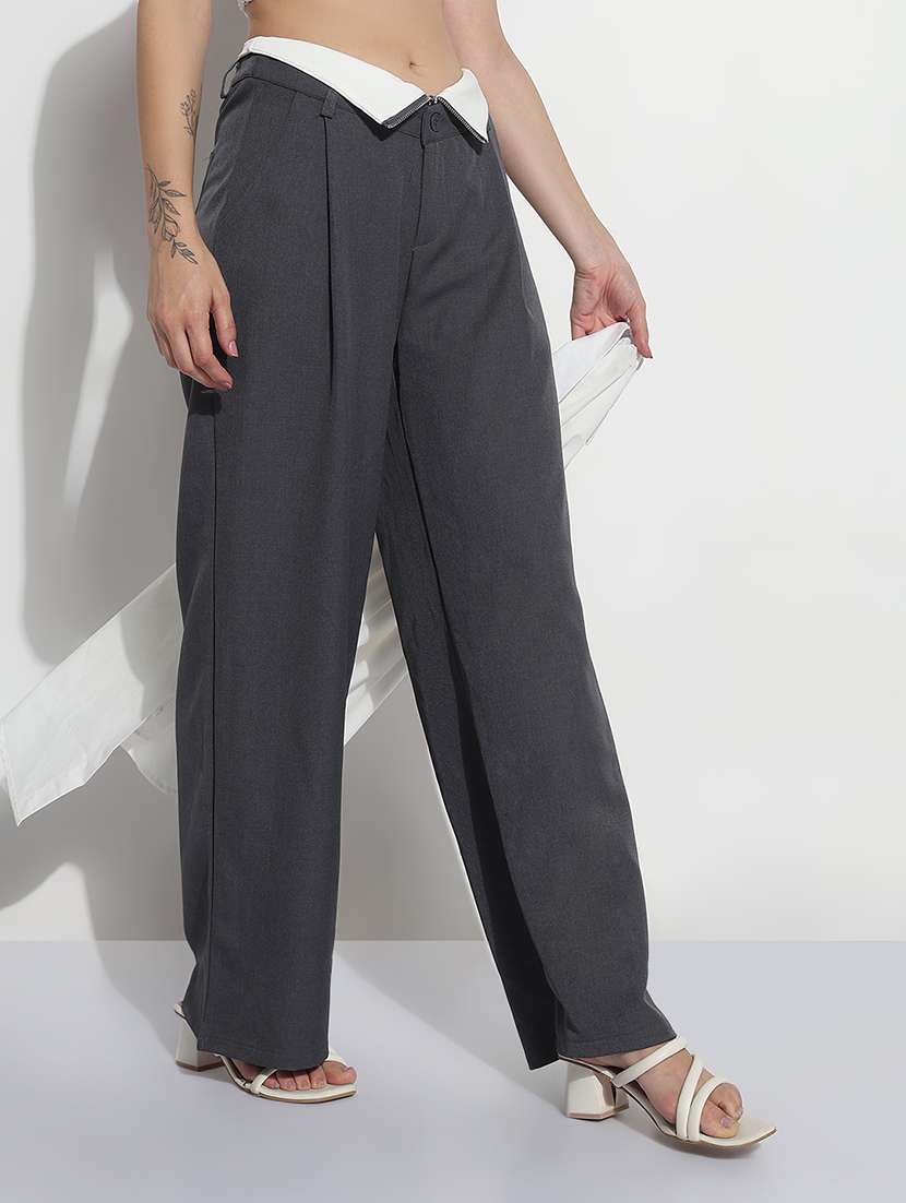 women solid high rise pleated korean pants 
