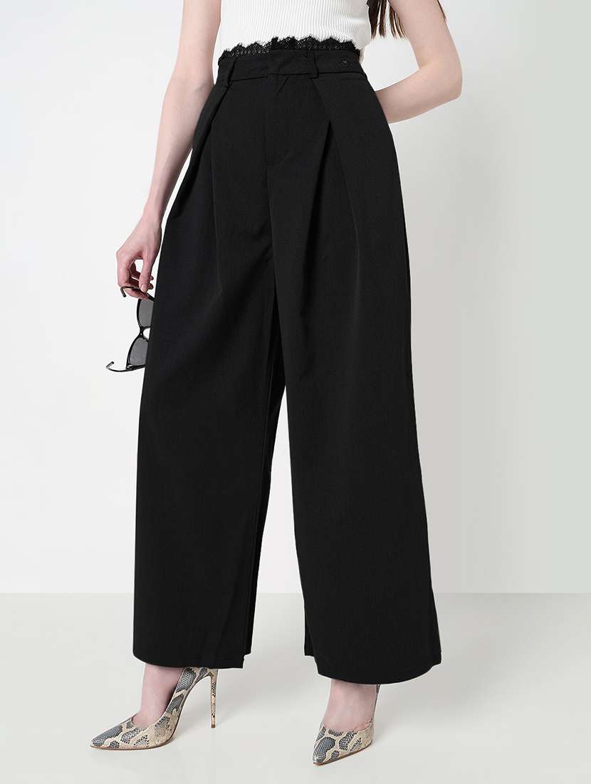 women solid high rise pleated korean pants 