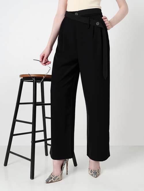 women solid high rise pleated straight pants - 21979824 - Standard Image - 0