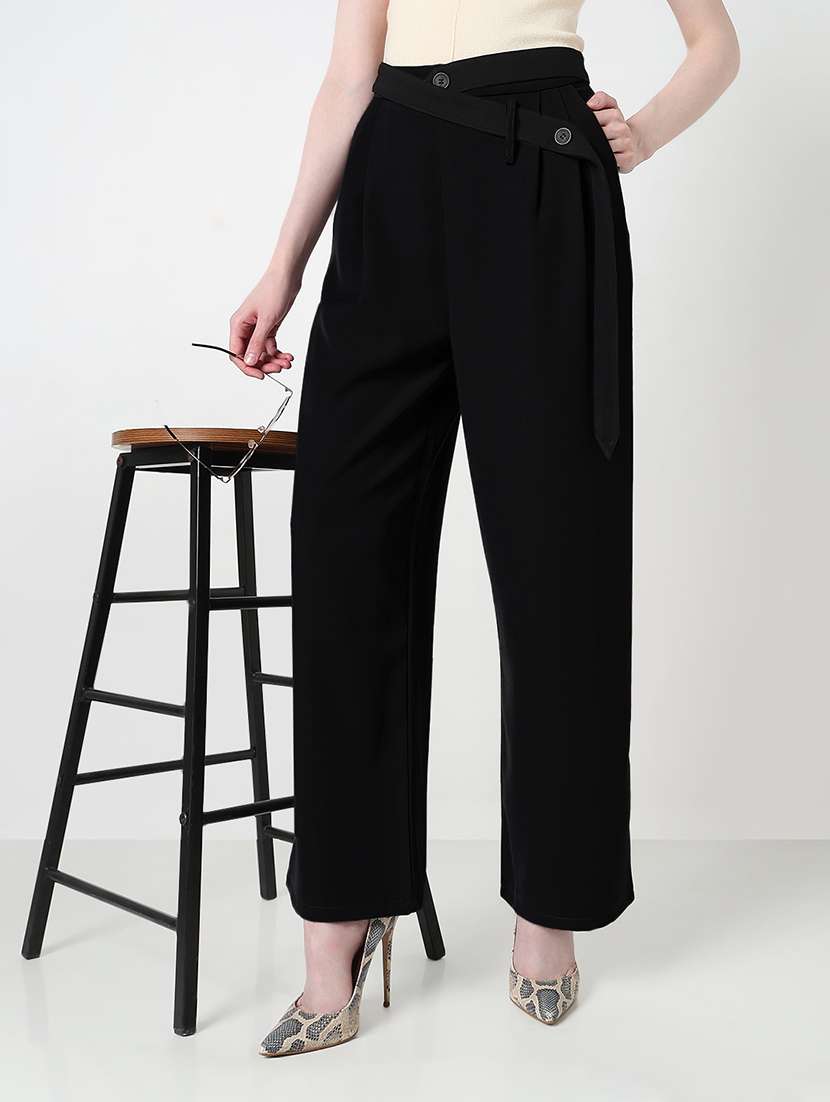 women solid high rise pleated straight pants - 21979824 - Zoom Image - 0