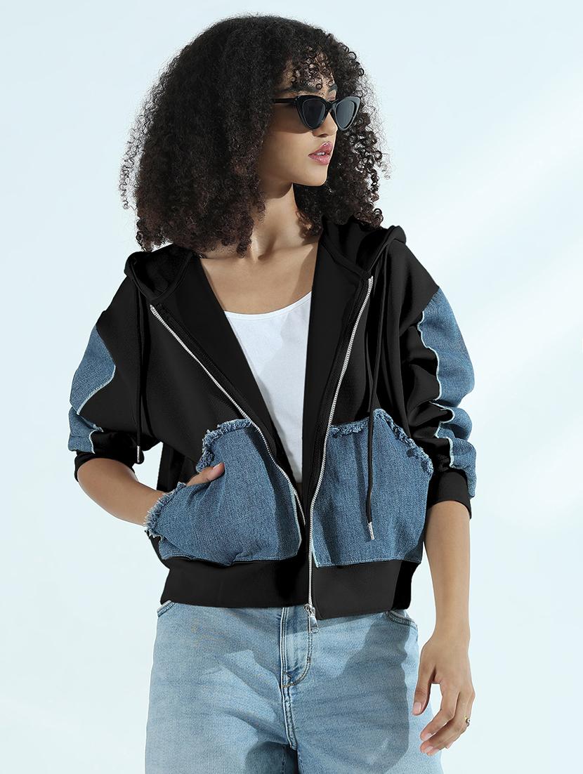 women color blocked hooded denim jacket - 21979827 -  Zoom Image - 0
