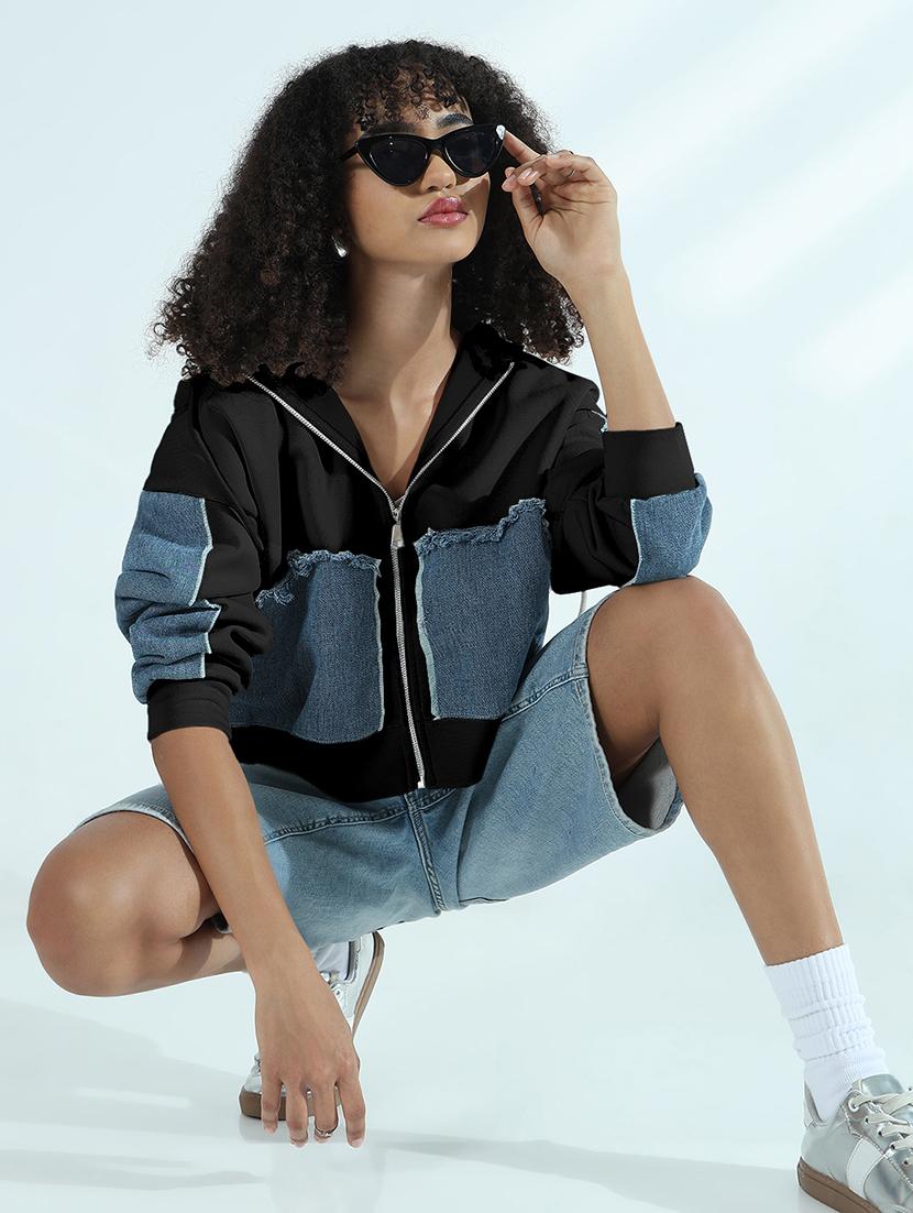 women color blocked hooded denim jacket - 21979827 - Standard Image - 2