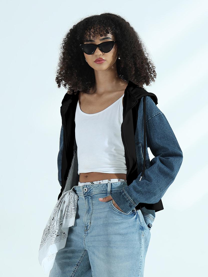 women color blocked hooded denim jacket - 21979828 - Standard Image - 2