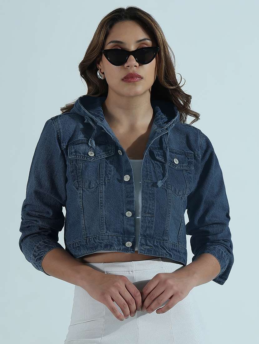 women solid long sleeve hooded crop denim jacket - 21979831 - Standard Image - 2