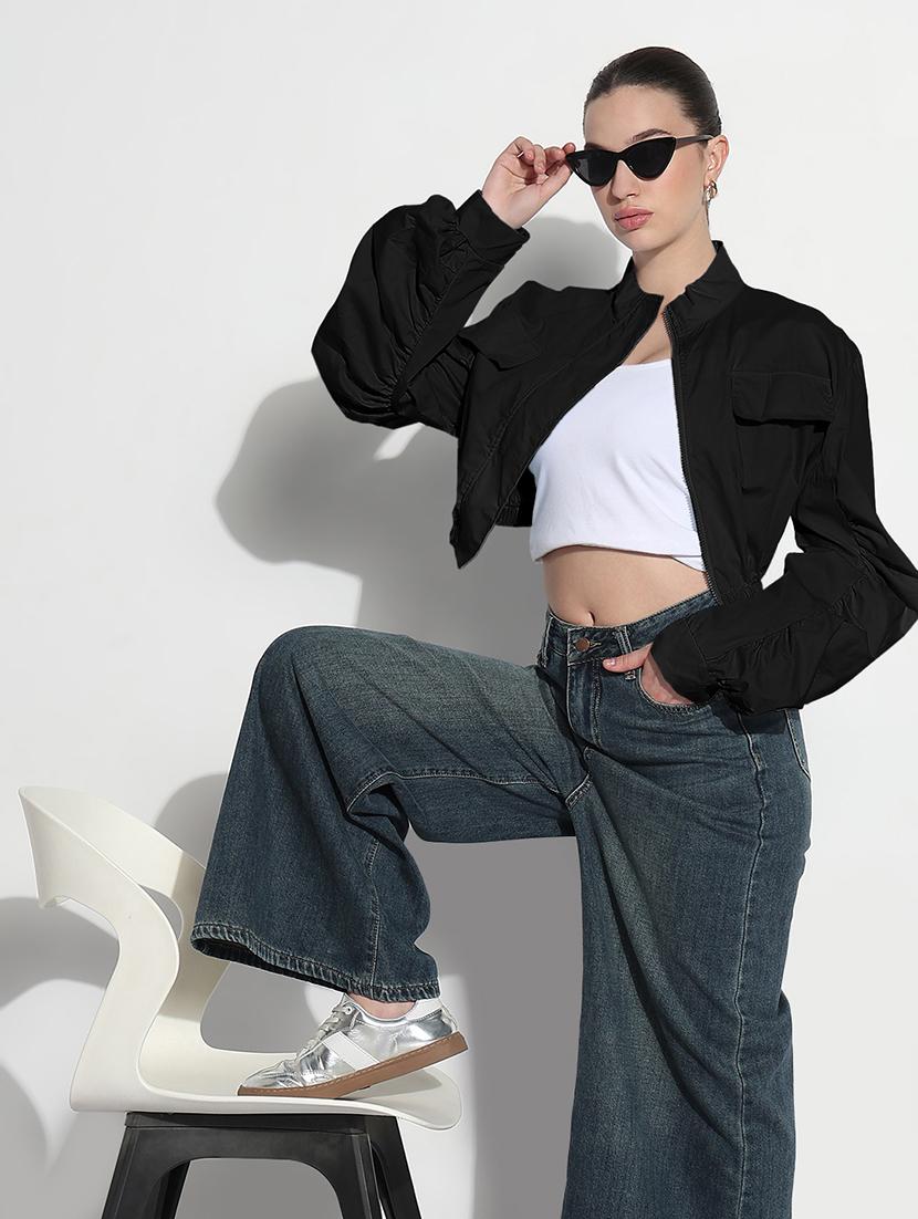 women solid long sleeve crop bomber jacket - 21979834 - Standard Image - 2