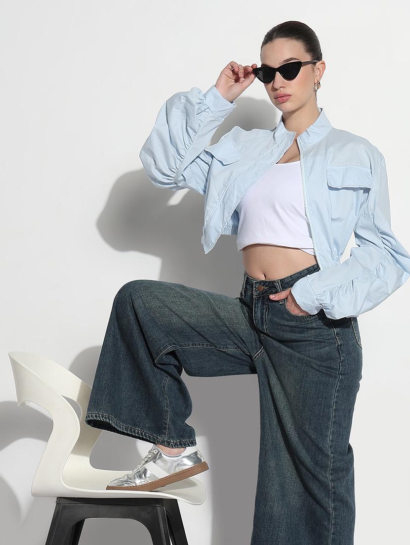women solid long sleeve crop windcheater jacket - 21979835 - Standard Image - 2
