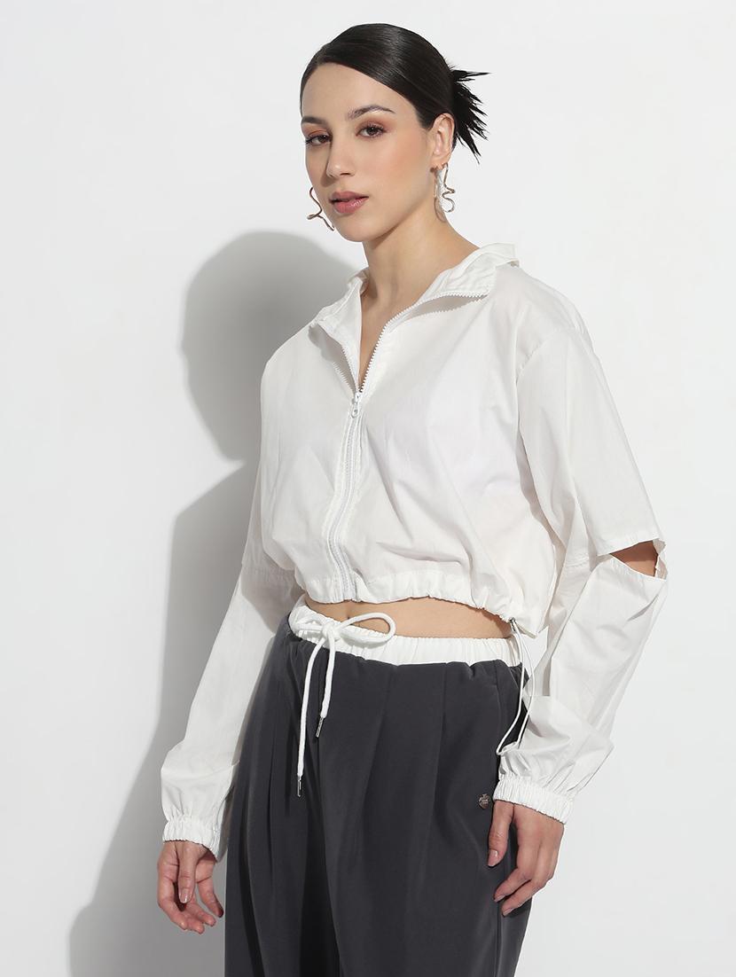 women solid long sleeve crop windcheater jacket - 21979836 - Standard Image - 2