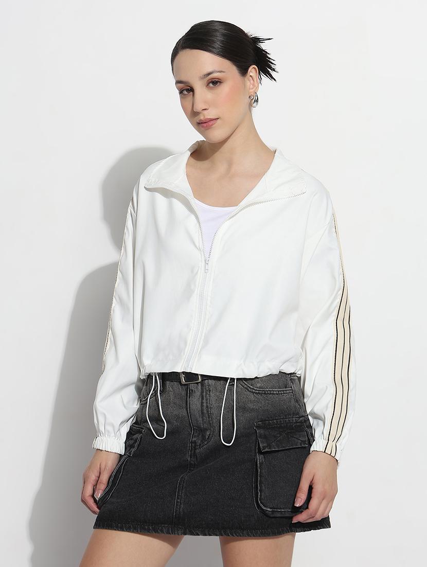 women solid long sleeve crop windcheater jacket - 21979839 - Standard Image - 2