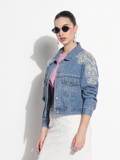 women embellished long sleeve crop denim jacket - 21979840 -  Standard Image - 0